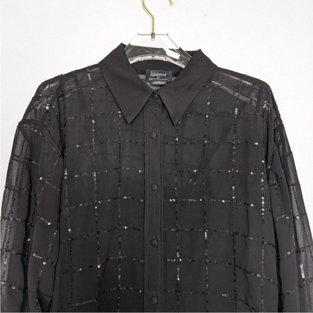 Anthropologie Rinku Dalamal Black Sequin Shirt Dress Long Sleeve Sheer Button Up - Picture 5 of 11